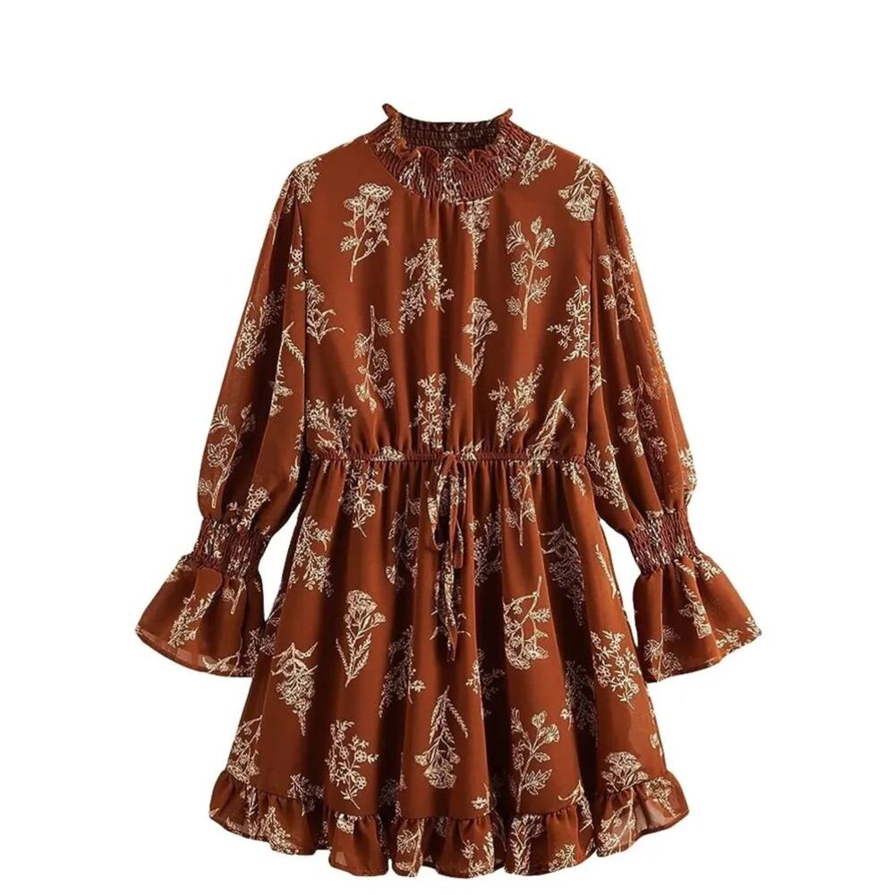 Floerns Women's Mock Neck Long Sleeve Floral Print Ruffle Short Dress